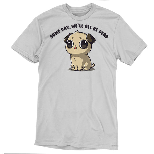 A white monsterdigital original T-shirt featuring a cartoon pug with large eyes. Above the pug, there is text that reads 