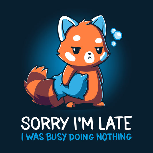 Illustration of an anthropomorphic red panda holding a pillow, with the text 