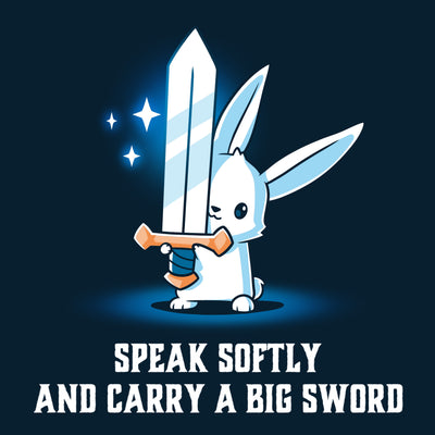 Premium Cotton T-shirt_TeeTurtle navy blue Speak Softly and Carry a Big Sword featuring a white rabbit holding a very big sword in its forepaws with 'Speak Softly and Carry a Big Sword' written beneath.
