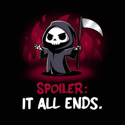 Premium Cotton T-shirt_TeeTurtle Spoiler: It All Ends. black t-shirt featuring a dark and dangerous Grim Reaper in front of red flames.