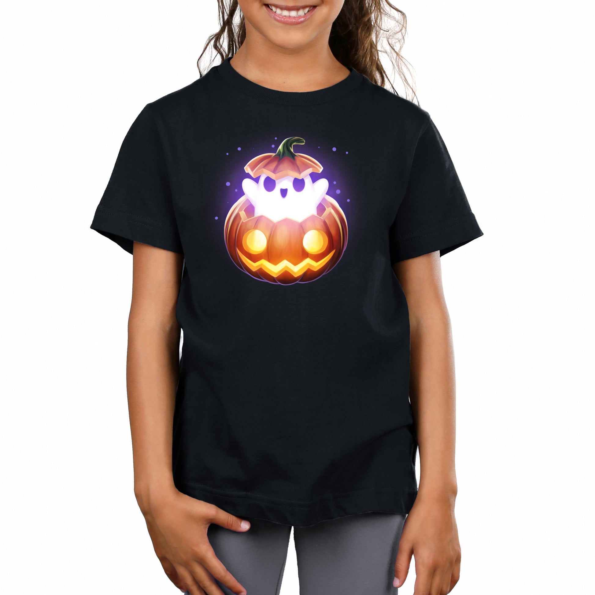 Premium Cotton T-shirt_TeeTurtle black Spooky Ghost featuring a ghost popping out of a pumpkin.