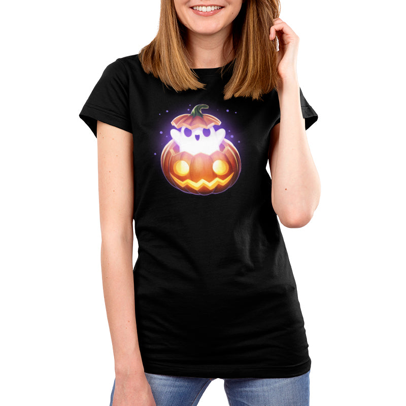 Premium Cotton T-shirt_TeeTurtle black Spooky Ghost featuring a ghost popping out of a pumpkin.