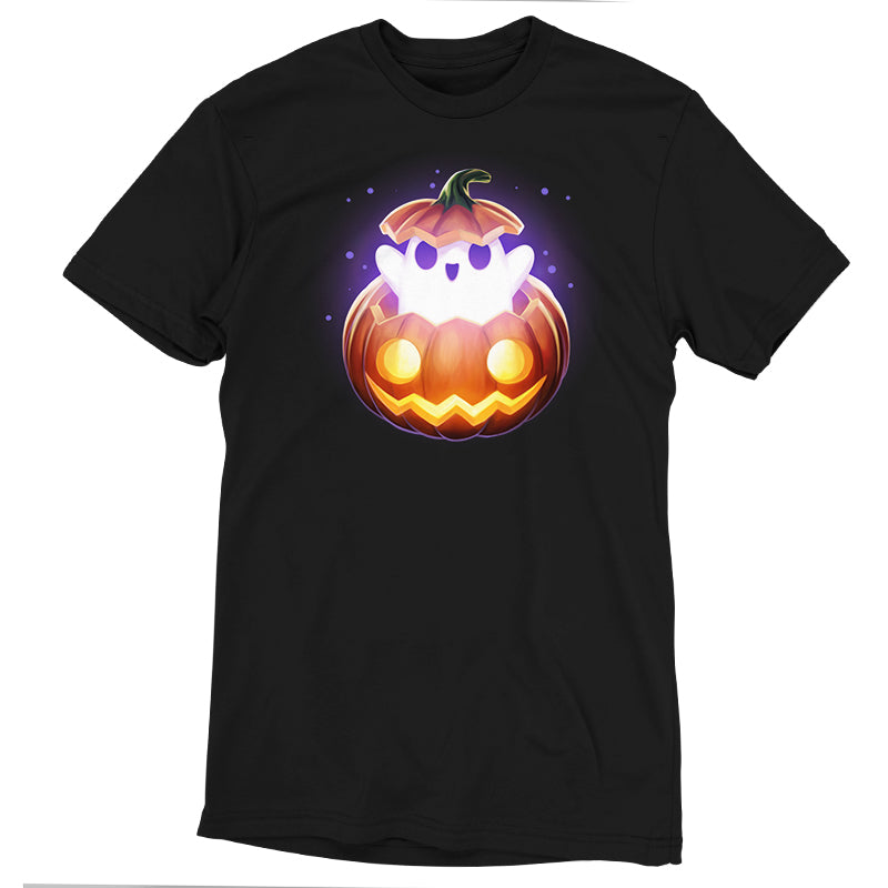 Premium Cotton T-shirt_TeeTurtle black Spooky Ghost featuring a ghost popping out of a pumpkin.