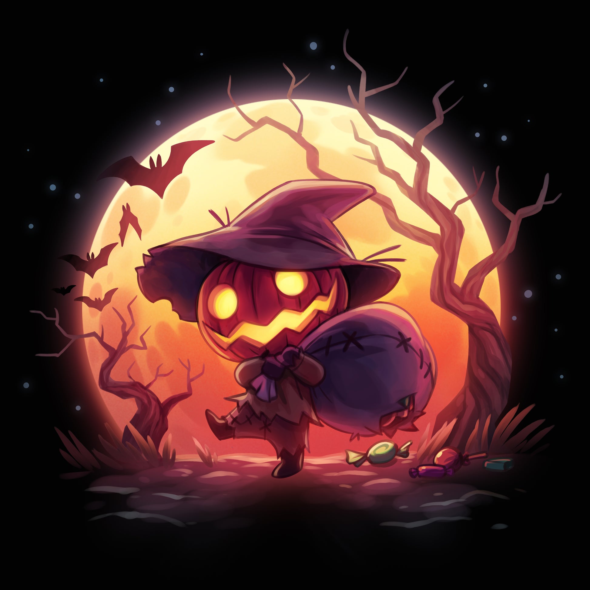 Premium Cotton T-shirt_TeeTurtle black Spooky Scarecrow featuring a pumpkin scarecrow in a spooky forest carrying a torn sack of Halloween candy.