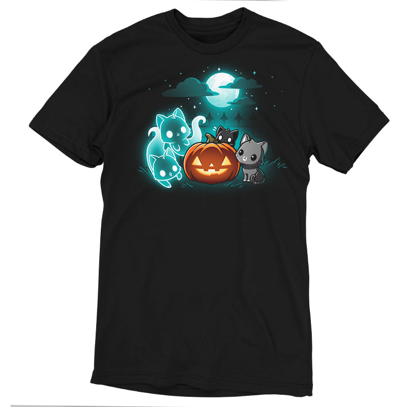 Premium Cotton T-shirt_TeeTurtle Spurrits of Halloween black t-shirt featuring two dark and dangerous ghost cats next to two grey cats watching them. They are surrounding a jack-o-lantern and there is a full moon with clouds behind them.