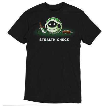 Premium Cotton T-shirt_TeeTurtle Stealth Check (Turtle) black t-shirt featuring a cartoon turtle shell with a fantasy sword and shield beside it and glowing white eyes inside the shell is accompanied by the text "Stealth Check".