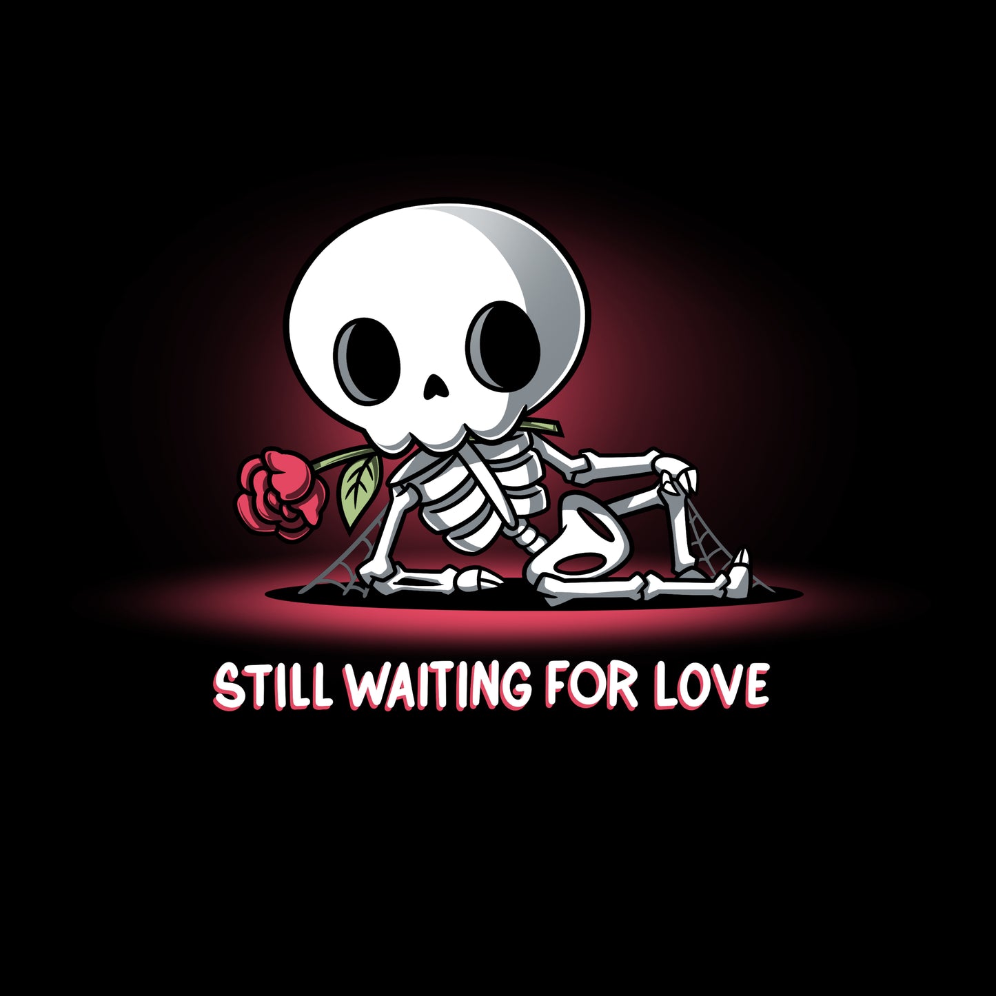 Premium Cotton T-shirt_TeeTurtle Still Waiting For Love black t-shirt featuring a skeleton holding a red rose and lying on the ground with the text "Still Waiting for Love."