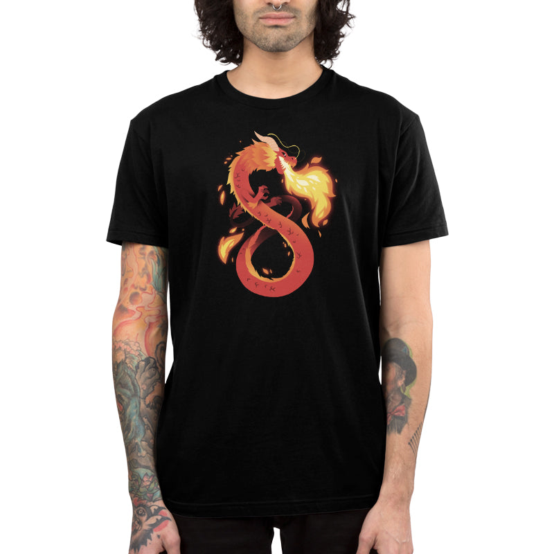 Premium Cotton T-shirt_TeeTurtle Summer Dragon black t-shirt featuring a red and orange fantasy dragon breathing fire.