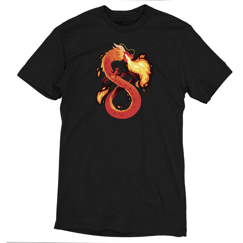 Premium Cotton T-shirt_TeeTurtle Summer Dragon black t-shirt featuring a red and orange fantasy dragon breathing fire.