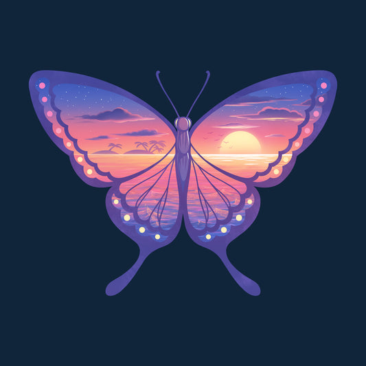 Premium Cotton T-shirt_TeeTurtle navy blue Sunset Butterfly. Featuring a butterfly with a sunset ocean landscape on its wings.