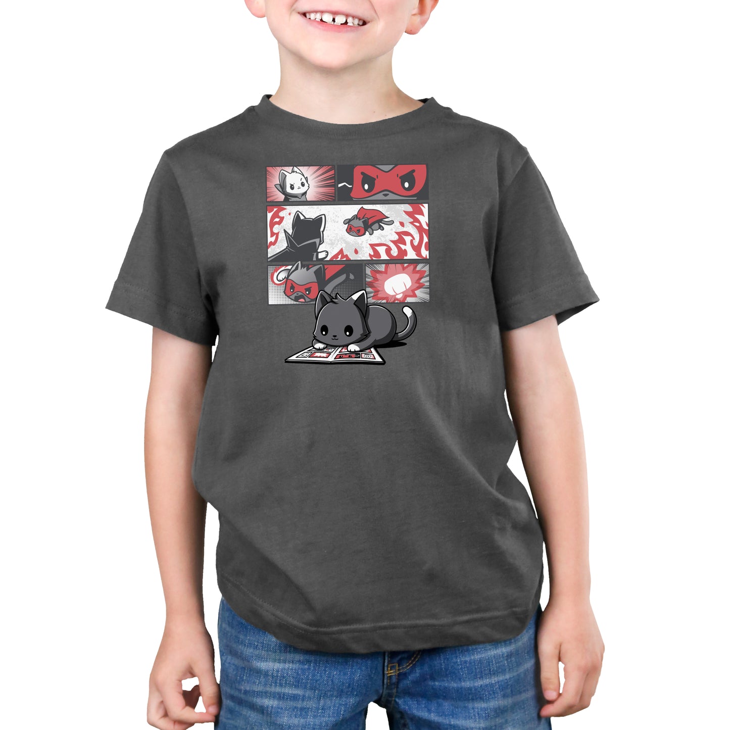 A child wearing a charcoal gray t-shirt featuring a monsterdigital original cartoon design of Supercat Comic in various action poses.