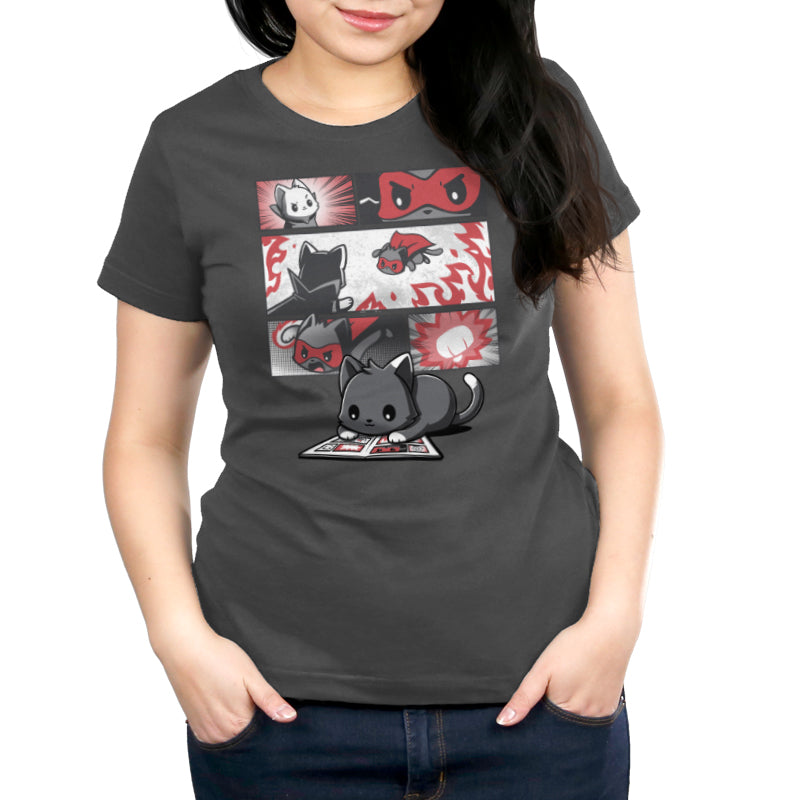 A person sporting a monsterdigital original charcoal gray t-shirt featuring a Supercat Comic design with cute, cartoon-style animals in red, black, and white colors.