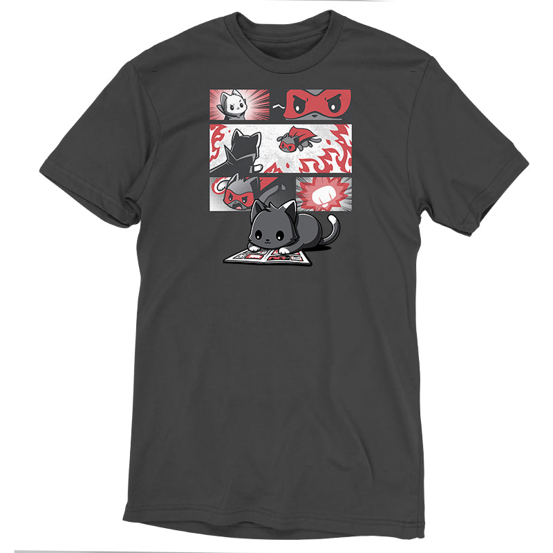 A charcoal gray t-shirt featuring a comic strip style design with a cat drawing while wearing a mask. The monsterdigital Supercat Comic has red and white accents illustrating Supercat's creative process.