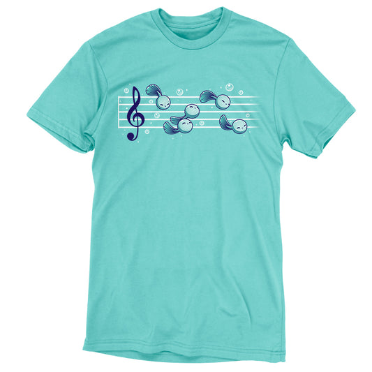 Premium Cotton T-shirt_Teeturtle Tadpool Tune Caribbean Blue Featuring a gaggle of adorable cartoon tadpoles swimming along a music score.