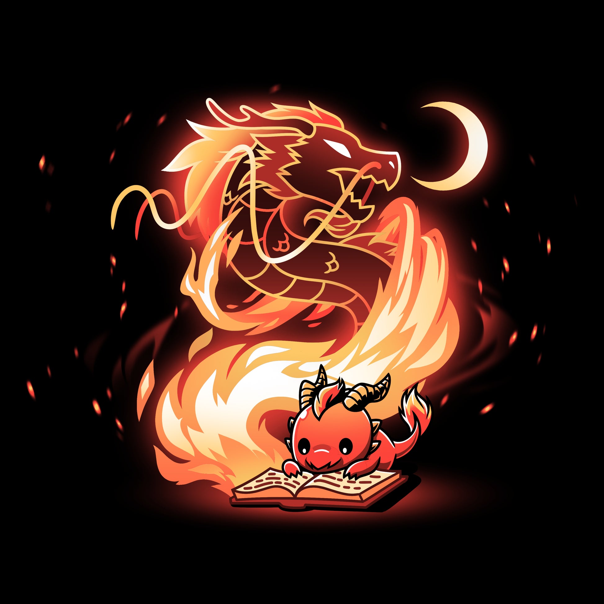 Premium Cotton T-shirt_TeeTurtle Tale Of Scales black t-shirt featuring an illustration of a little red dragon reading a book that has a large, fiery dragon swirling in flames coming out from the book and a small crescent moon in the top right corner near the large dragon's head.