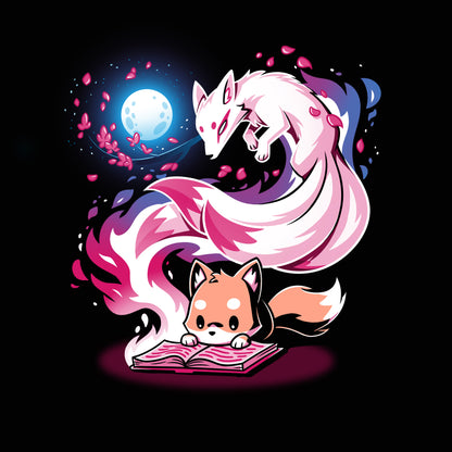 An illustration on the monsterdigital "Tale of Tails" t-shirt features a red panda reading a glowing book with an ethereal white fox and pink butterflies emerging against a dark background. A full moon is visible above the fox, all printed on super soft ringspun cotton for ultimate comfort.