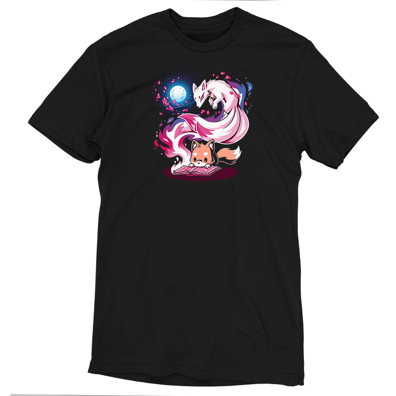 Black "Tale of Tails" t-shirt by monsterdigital featuring a colorful graphic of a fox and a twirling, ethereal creature above it, surrounded by sparkles. Printed on super soft ringspun cotton for ultimate comfort. Unisex tee perfect for any casual occasion.