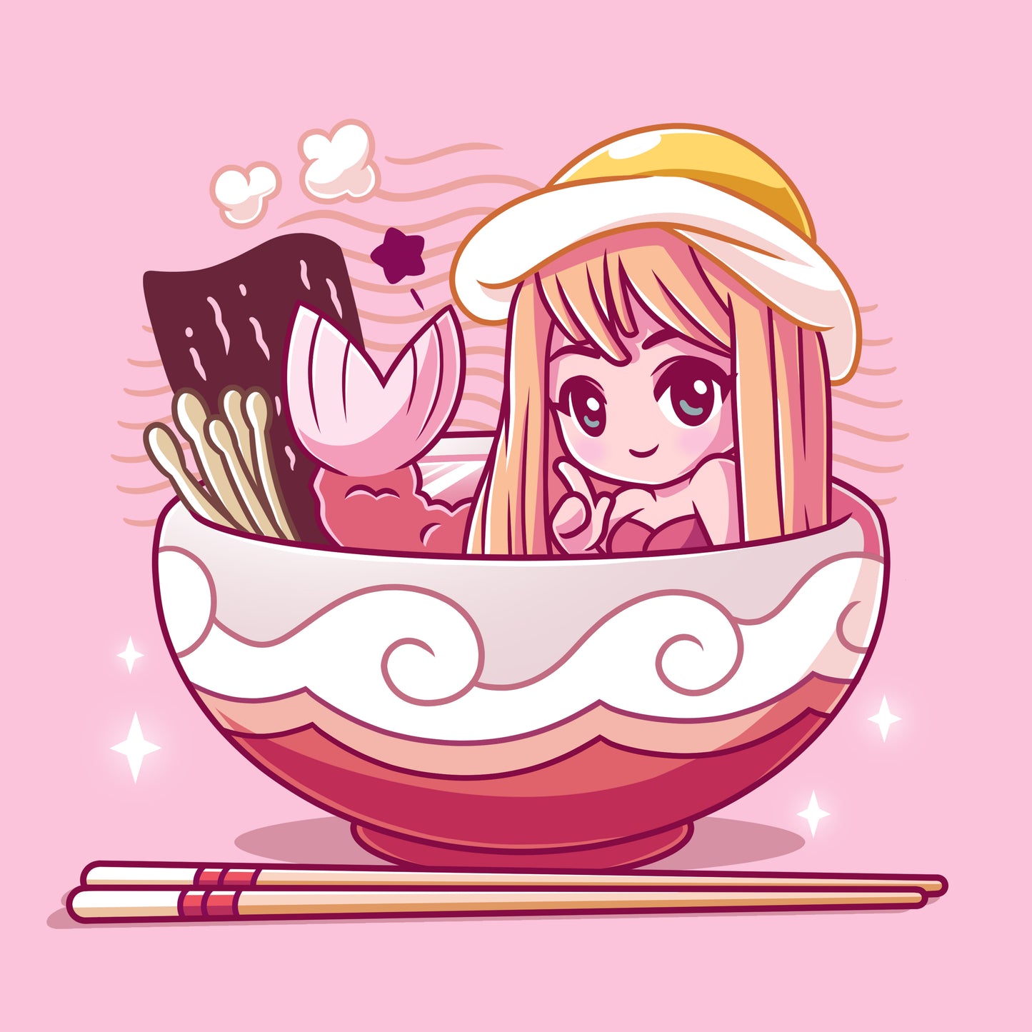 Premium Cotton T-shirt_TeeTurtle pink Tempura Mermaid. Featuring a mermaid with a tempura tail in a ramen bowl.