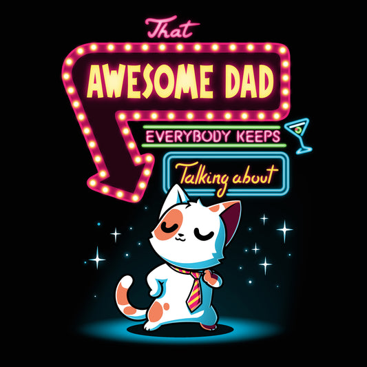 A cartoon cat wearing a tie stands confidently under a neon sign that reads 