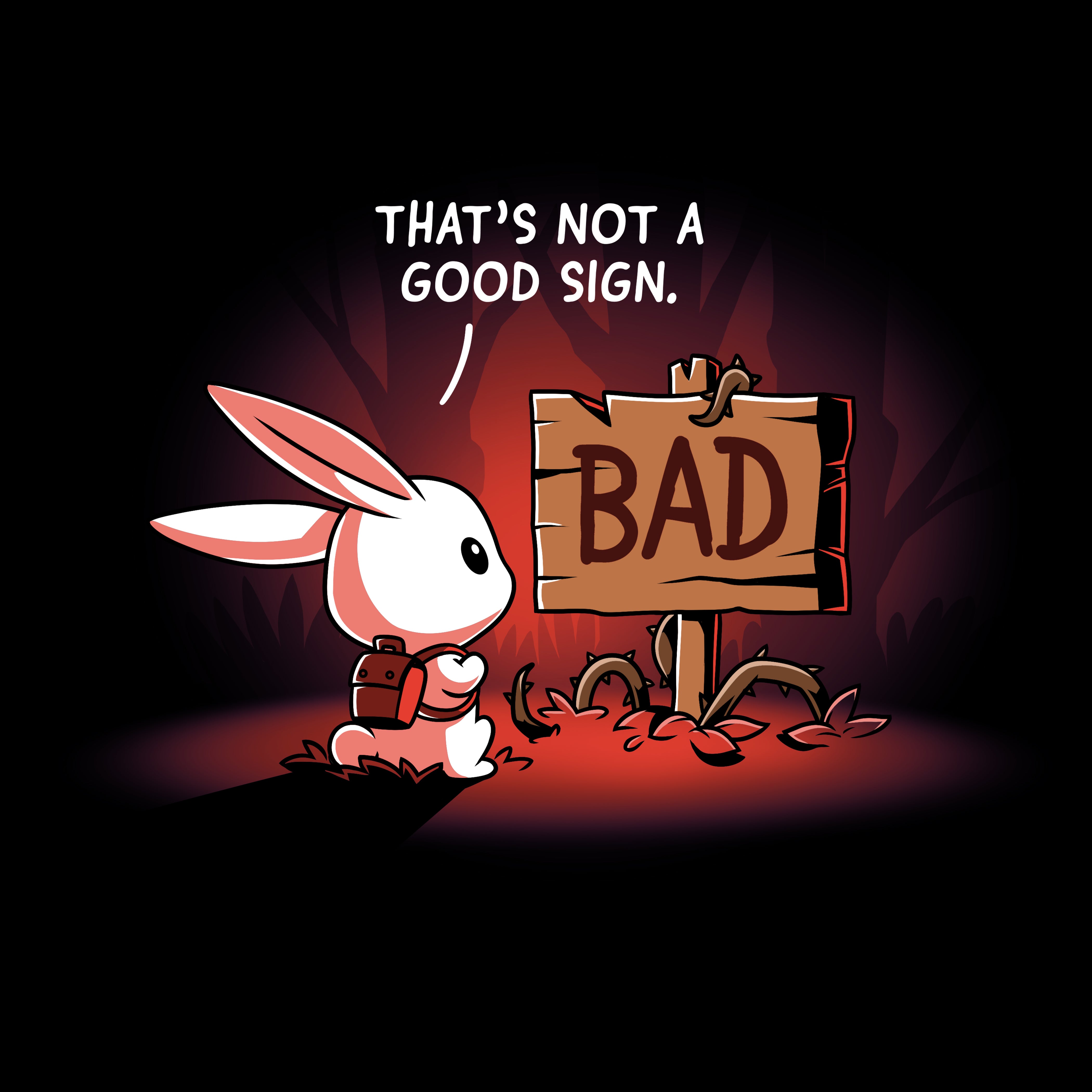 Premium Cotton T-shirt_TeeTurtle That's Not a Good Sign black t-shirt featuring an adventurous bunny looking at a wooden sign with the word 