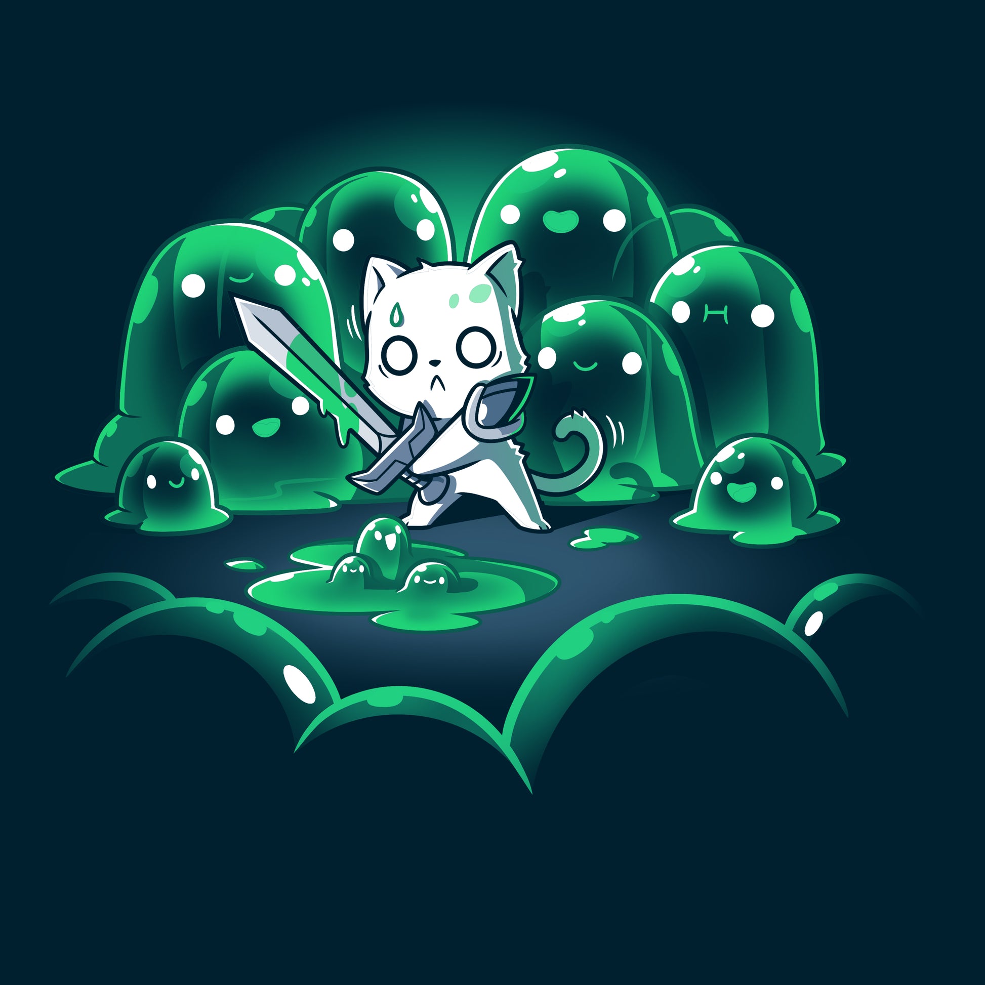 A cat character holding a sword stands surrounded by green, blob-like creatures in a dark environment, depicted on "The Never-Ending Fight" navy blue t-shirt made from Super Soft Ringspun Cotton by monsterdigital.