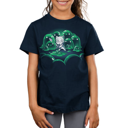 A child is wearing "The Never-Ending Fight" t-shirt by monsterdigital, crafted from super soft ringspun cotton, featuring an illustration of a cartoon character with a sword standing among green slime-like creatures.