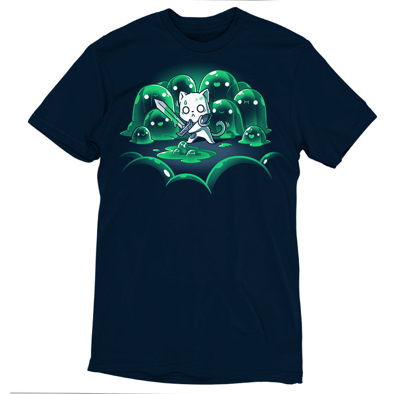 A navy blue t-shirt crafted from Super Soft Ringspun Cotton, featuring an illustration of a cat character wearing armor and wielding a sword, standing among small green ooze-like creatures on a dark green landscape. Perfect for gamer shirt enthusiasts who love unique designs, The Never-Ending Fight by monsterdigital.