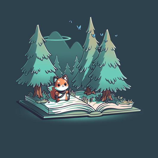 This The Adventurer's Tale T-shirt from monsterdigital features an enchanting illustration of a fox standing on an open book transformed into a forest, with trees and mountains in the background. Perfect for fans of The Adventurer's Tale, it's crafted from super soft ringspun cotton for ultimate comfort.