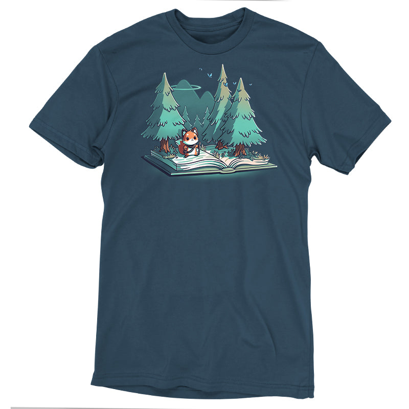 Premium Cotton T-shirt_TeeTurtle  Adventurer's Tale Denim Blue t-shirt features an enchanting illustration of a fox standing on an open book transformed into a forest, with trees and mountains in the background.