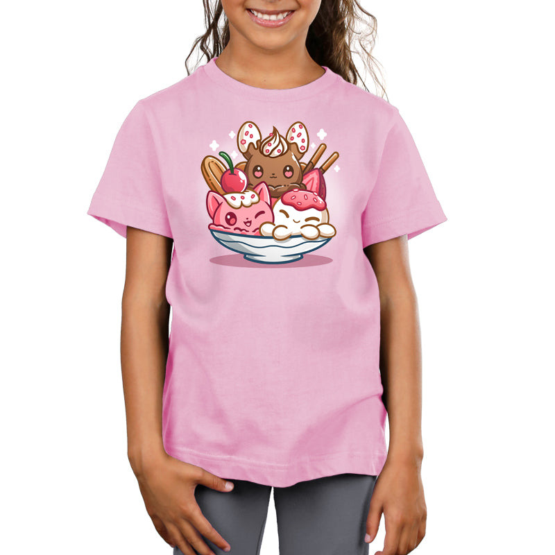 Premium Cotton T-shirt_TeeTurtle light pink The Sweetest Treat apparel featuring a bunny, octopus, and cat made out of ice cream in an ice cream sundae bowl.