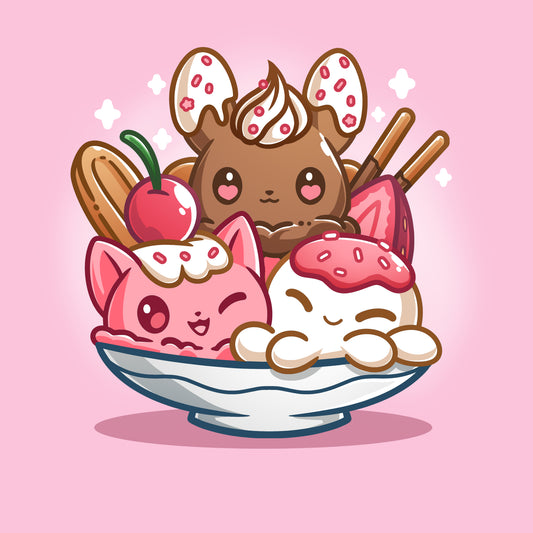 Premium Cotton T-shirt_TeeTurtle light pink The Sweetest Treat apparel featuring a bunny, octopus, and cat made out of ice cream in an ice cream sundae bowl.