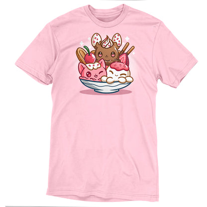 Premium Cotton T-shirt_TeeTurtle light pink The Sweetest Treat apparel featuring a bunny, octopus, and cat made out of ice cream in an ice cream sundae bowl.