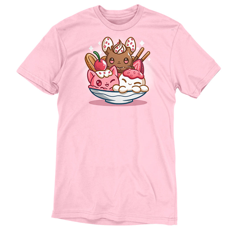 Premium Cotton T-shirt_TeeTurtle light pink The Sweetest Treat apparel featuring a bunny, octopus, and cat made out of ice cream in an ice cream sundae bowl.