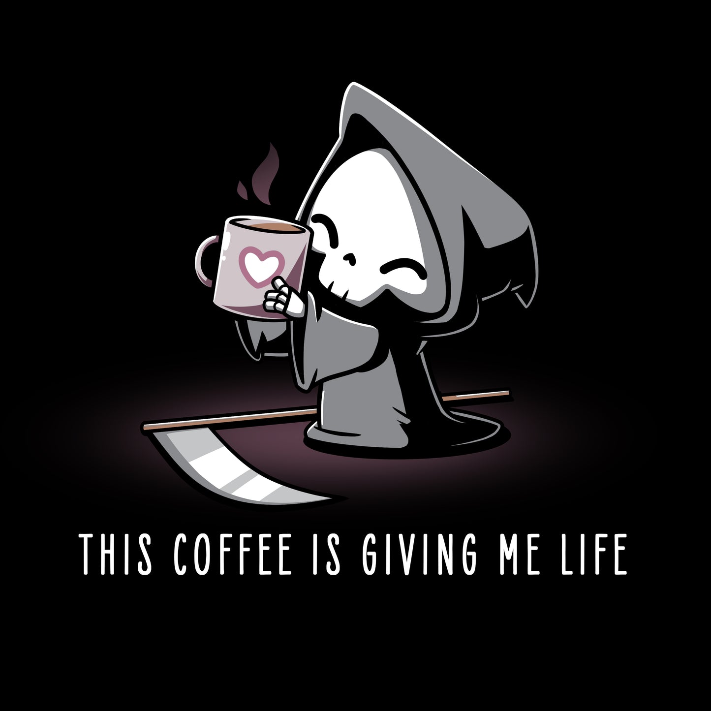 Premium Cotton T-shirt - Cartoon Grim Reaper character holding a mug with a heart symbol and text "THIS COFFEE IS GIVING ME LIFE" below on a super soft ringspun cotton black This Coffee Is Giving Me Life apparel by monsterdigital.