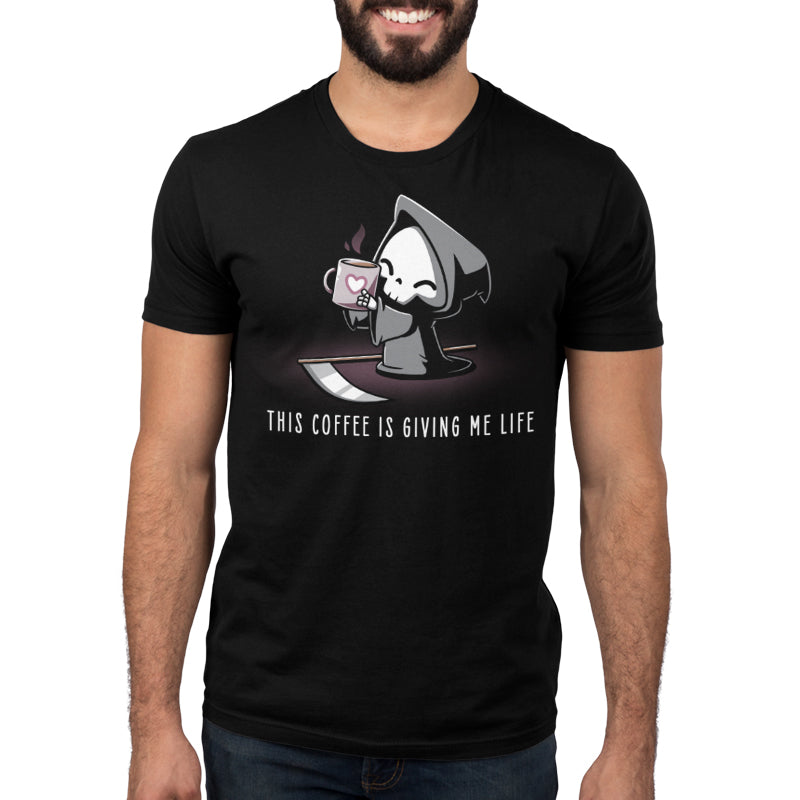 Premium Cotton T-shirt_Teeturtle This Coffee Is Giving Me Life black t-shirt featuring the Grim Reaper holding a mug with a heart symbol and text "THIS COFFEE IS GIVING ME LIFE."