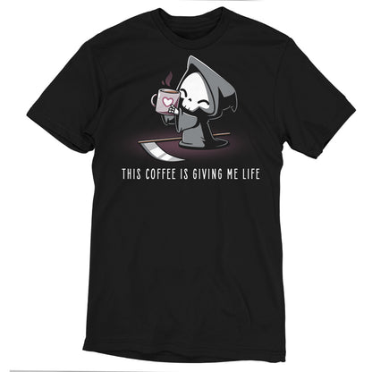 Premium Cotton T-shirt - Black apparel, made from super soft ringspun cotton, featuring a cute Grim Reaper holding a coffee mug with the text "This Coffee Is Giving Me Life" by monsterdigital.