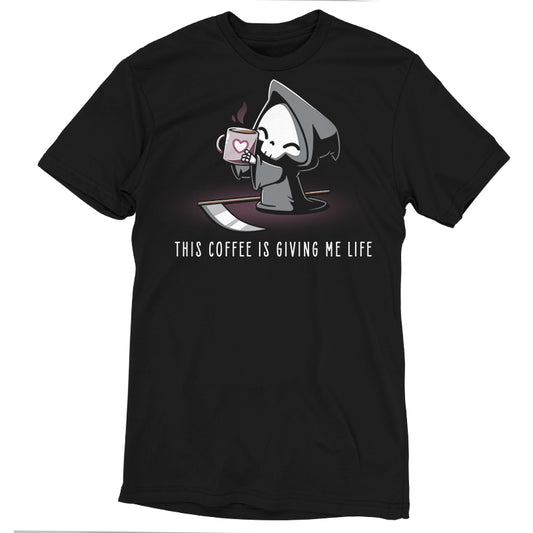 Black T-shirt, made from super soft ringspun cotton, featuring a cute Grim Reaper holding a coffee mug with the text 