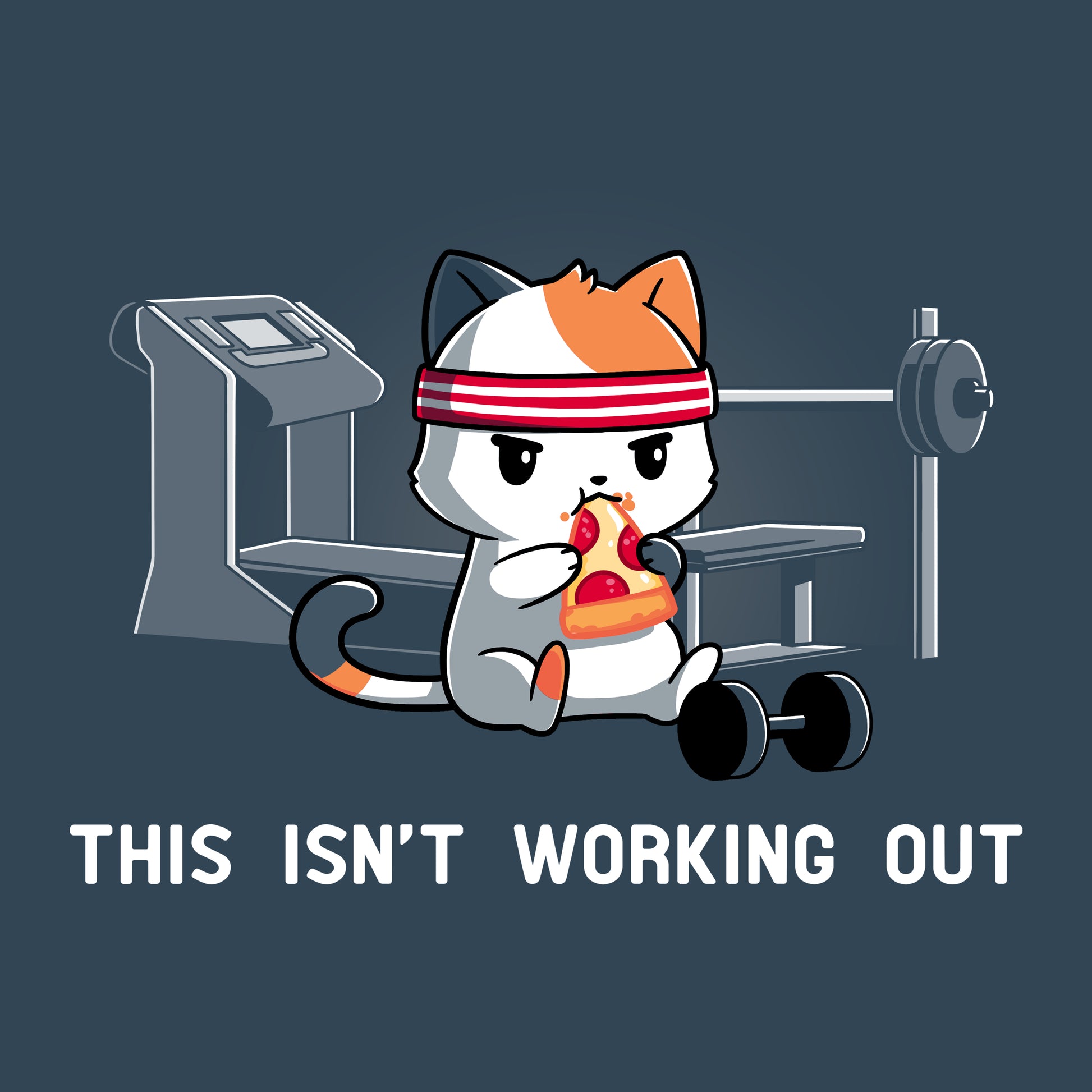 Premium Cotton T-shirt_Teeturtle This Isn't Working Out denim t-shirt featuring a cat wearing a headband, eating pizza in a gym with exercise equipment in the background. The text "This Isn't Working Out" is written below.