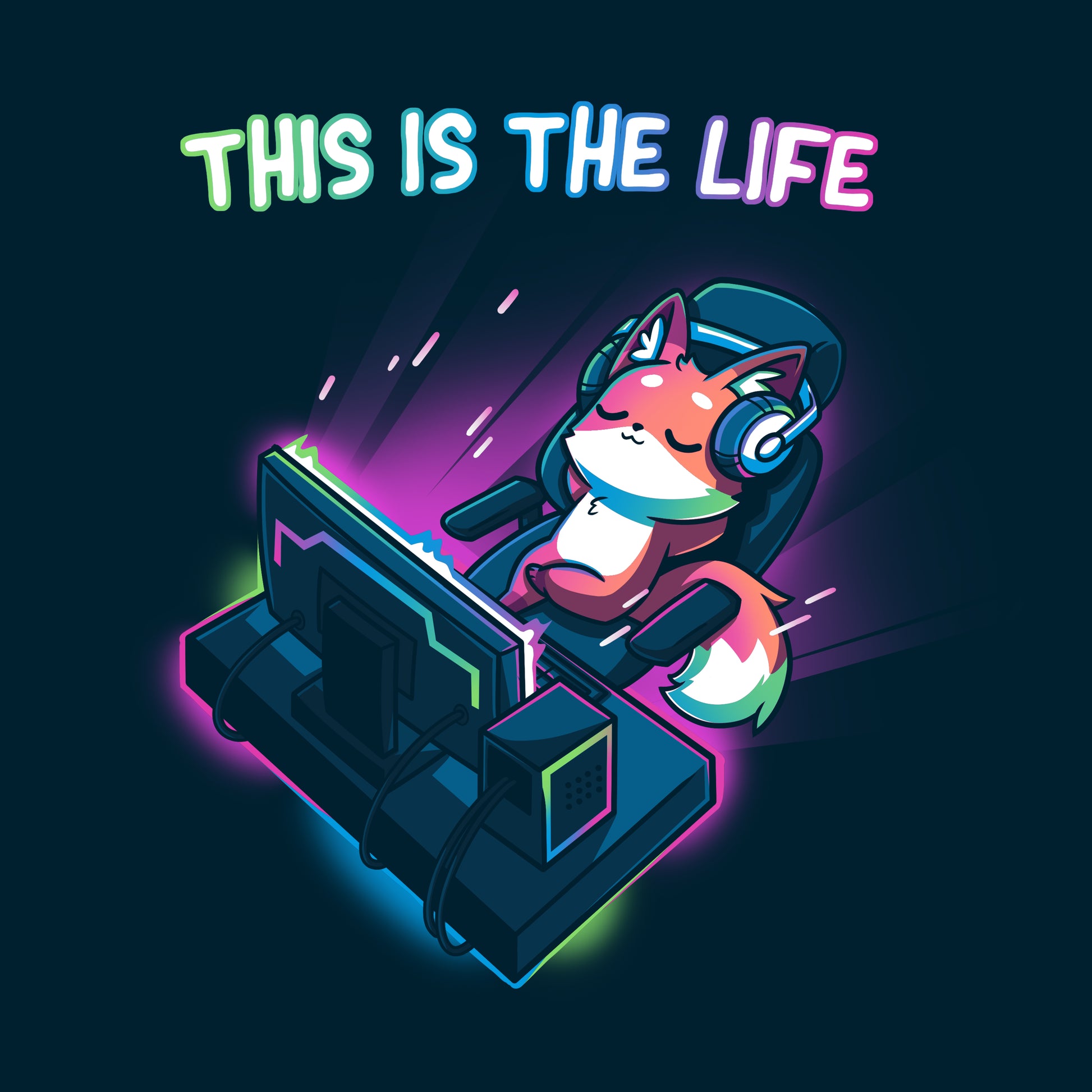 A cartoon fox wearing headphones, donned in a navy blue monsterdigital gaming t-shirt called "This Is the Life," reclines in a gaming chair, playing on a computer with the text "THIS IS THE LIFE" above.