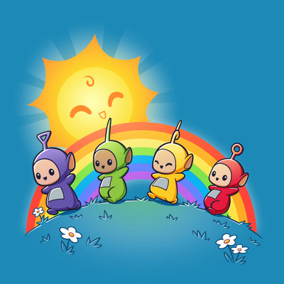 Premium Cotton T-shirt_TeeTurtle cobalt blue Time for Teletubbies apparel featuring Tinky Winky, Dipsy, Laa Laa, and Po walking on a grassy meadow with a rainbow and smiling sun in the background.