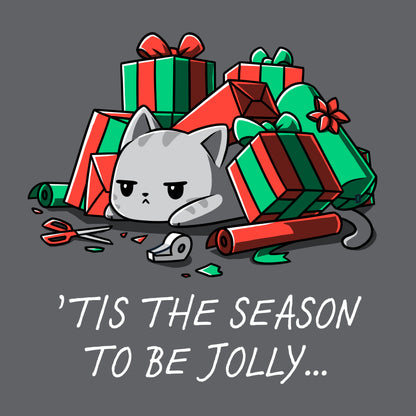 Premium Cotton T-shirt_TeeTurtle Tis The Season To Be Jolly charcoal grey t-shirt featuring a cat among unwrapped gifts, wrapping paper, ribbon, and scissors.
