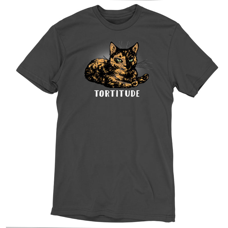 Premium Cotton T-shirt_TeeTurtle Tortitude. charcoal gray t-shirt featuring a tortoiseshell cat with its paws crossed smiling.