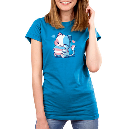 Premium Cotton T-shirt - A person wearing a cobalt blue Trans Purride by monsterdigital made of super soft ringspun cotton with an illustration of a happy cat and small hearts.