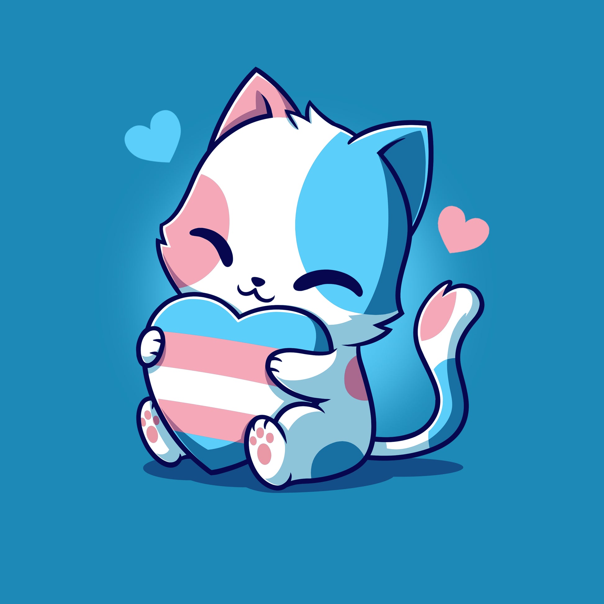 Premium Cotton T-shirt - Cute cartoon cat holding a heart with the transgender pride flag design on a cobalt blue Trans Purride by monsterdigital apparel. Blue background with two small hearts—one blue and one pink—celebrates trans rights in super soft ringspun cotton.