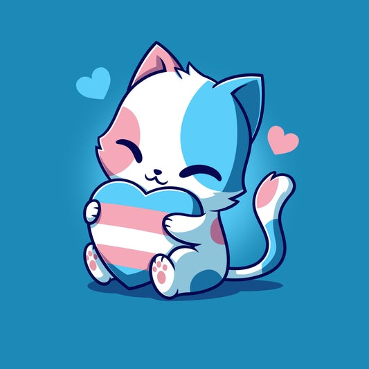 Cute cartoon cat holding a heart with the transgender pride flag design on a cobalt blue Trans Purride by monsterdigital t-shirt. Blue background with two small hearts—one blue and one pink—celebrates trans rights in super soft ringspun cotton.