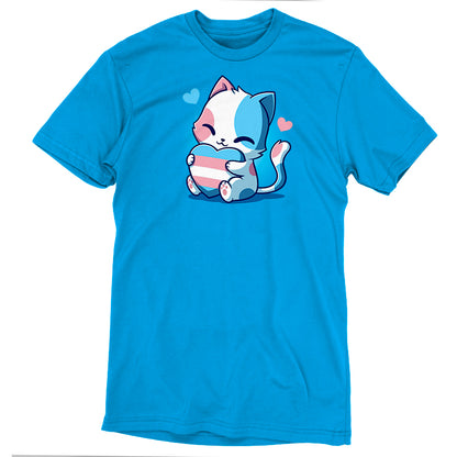 Premium Cotton T-shirt - Trans Purride by monsterdigital: Cobalt blue apparel featuring a cartoon image of a smiling cat holding a pink and blue striped heart, with small hearts floating nearby. Made from super soft ringspun cotton for ultimate comfort.