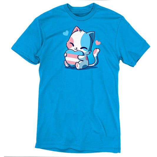 Trans Purride by monsterdigital: Cobalt blue t-shirt featuring a cartoon image of a smiling cat holding a pink and blue striped heart, with small hearts floating nearby. Made from super soft ringspun cotton for ultimate comfort.