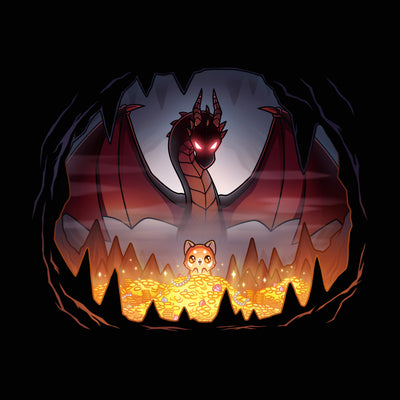 Premium Cotton T-shirt_TeeTurtle black Treasure Seeker apparel featuring a red panda looking at a pile of golden treasure in a cave with sparkling eyes with a dragon looming behind it.