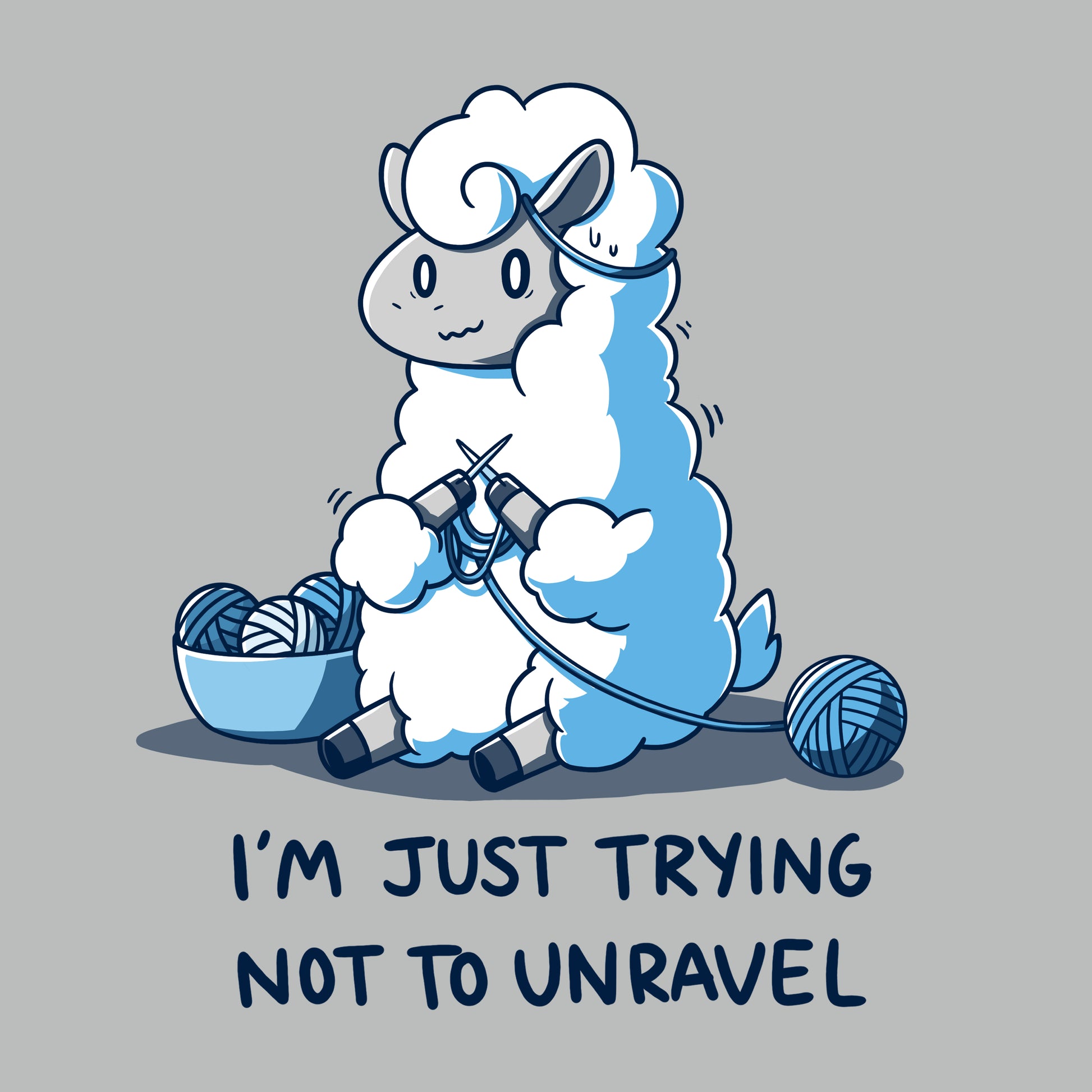 Premium Cotton T-shirt_Teeturtle Trying Not to Unravel Silver Gray Featuring a nervous-looking sheep knitting yarn set above the text 'I'm Just Trying Not To Unravel'