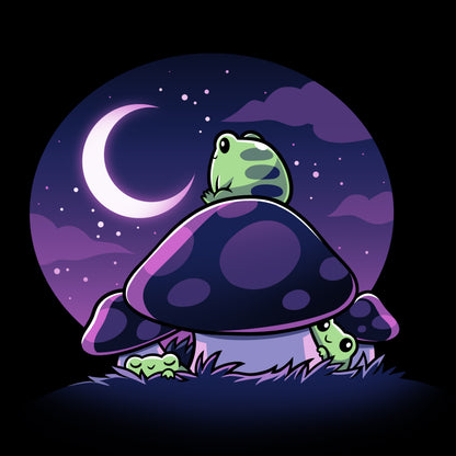 Premium Cotton T-shirt_TeeTurtle Twilight Toadstools black t-shirt featuring an illustration of a green frog sitting on top of a mushroom gazing up at the stars and a crescent moon in a violet-purple sky. There are two more green frogs underneath the mushroom cap, and two additional mushrooms on the side.